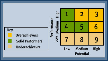 The performance and potential matrix consists of 3 rows for performance, labeled high, medium and low from top to bottom, and 3 columns for potential, labeled low, medium, and high from left to right. Cells are numbered from 1 to 9, in order from top to bottom and left to right